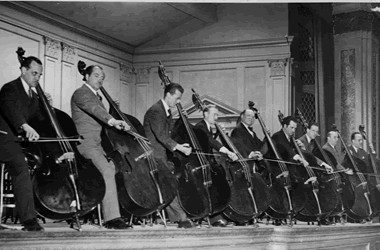 The 1941-42 bass section of the New York Philharmonic, l to r: Anselme Fortier, Joseph De Angelis, Fred Zimmerman, Robert Brennand, Emmanuel Tivin, C. Raviola, Homer Mensch, Max Schlossberg and D. Rybb
